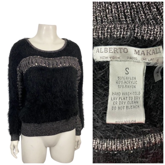 1990s Black Studded Fuzzy Cutout Designer Sweater Clubwear / Women’s Small - Picture 1 of 4